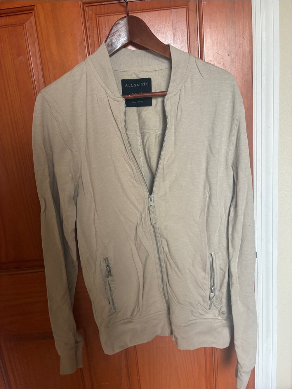 AllSaints Beige Aries Zip Front Bomber Jacket